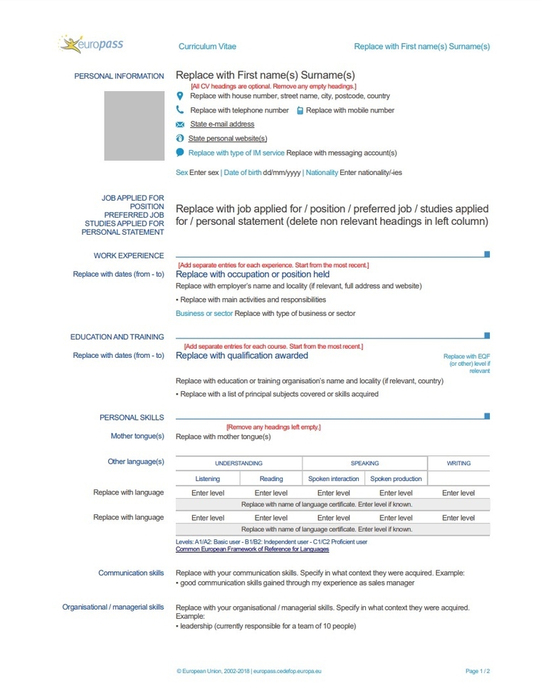 Europass cv blank Europass cv blank