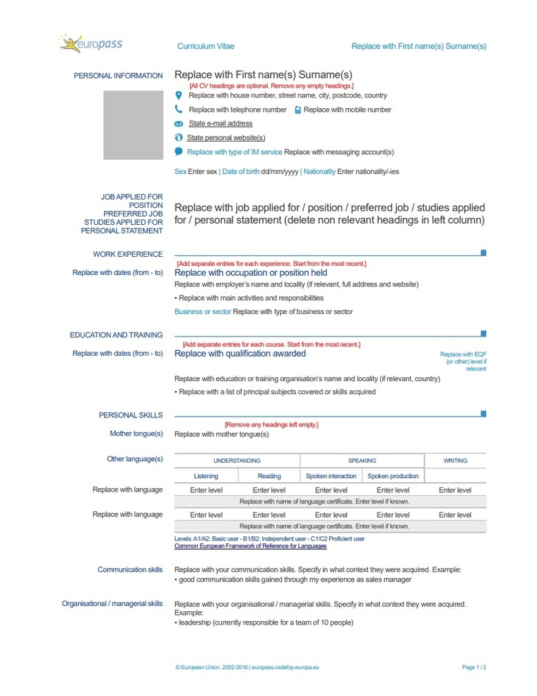 Europass cv blank