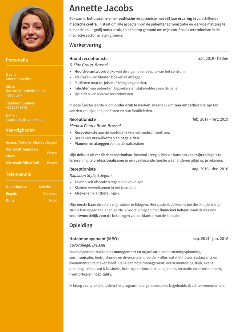 Cv-voorbeeld voor een receptioniste van twee pagina's