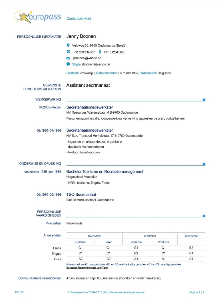 Europass cv voorbeeld Europass cv voorbeeld
